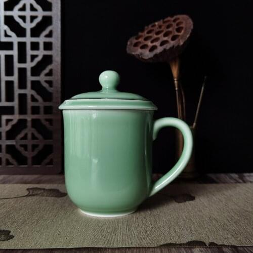 Coffee Mugs Teacup with Lid 13.5oz Porcelain Milk Cups Smooth Glazed Ceramic Chinese Celadons Microwave and Dishwasher Safe