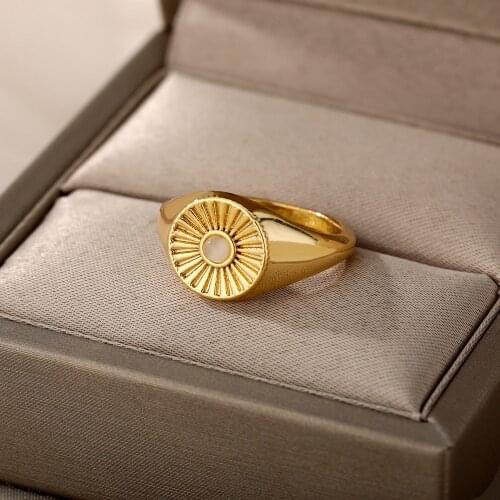 Stainless Steel Rings For Women Opal Round Geometric Finger Ring Wedding Accessories Jewelry Gift Bijoux Femme Baged