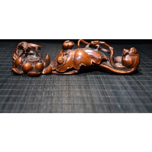 7"Chinese temple collection Old Boxwood frog Lotus leaf statue Wishful Quack fortune penholder Office Ornaments Town House