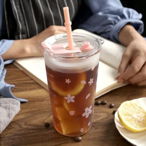 Creative Cartoon Straw Glass Cup with Scale Microwaveable Cute Measuring Cup Milk Sealing Cup High Temperature Resistance
