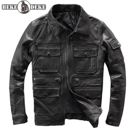 2020 New Mens Multi Pockets Sheepskin Cargo Coat Slim Fit Lapel Collar Genuine Leather Jacket Plus Size Motorcycle Biker Outwear