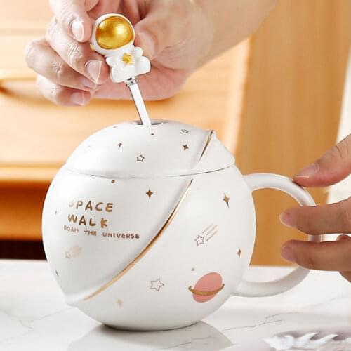 Cute Lovers Ceramic Coffee Mugs with Cover Spoon Set Space Walk Water Tea Cups Creative Drinkware Coffeeware