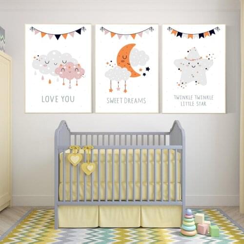 Cartoon Baby Room Decor Posters Prints Colorful Flags Star Moon Quotes Nursery Wall Art Canvas Painting for Child Kids Bedroom