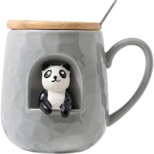 Cartoon Cat Panda Embossed Color Glaze Ceramic Cup With Lid Spoon Creative Cup Male And Female Student Couple Coffee Milk Cup