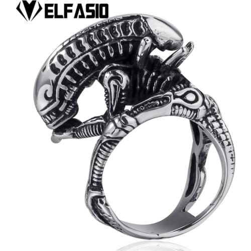 Elfasio Mens Boys Silver Alien Skull Stainless Steel personality Heavy Biker Ring Size 8,9,10,11,12,13