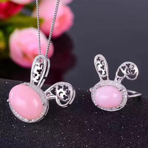 Love Rubbit Natural Pink Opal jewelry set Natural Real Opal 925 sterling silver 1pc pendant,1pc ring