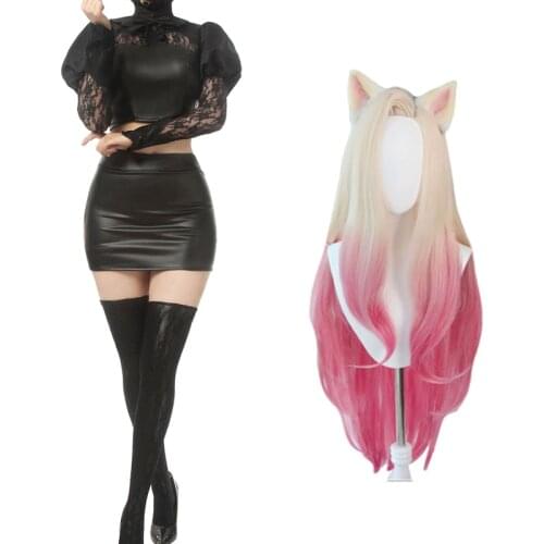 Game LOL KDA Baddest Ahri Cosplay Costume Wig Blonde Mixed Pink Wigs With Ears League Of Legends Cosplay Costume For Women CS428