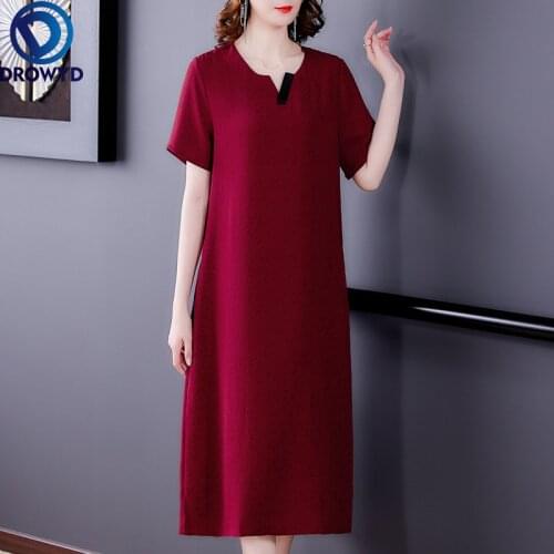 Summer Vintage Red Mulberry Silk Casual Midi Dress 2021 New Loose Solid V-neck Maxi Dress Elegant Women Bodycon Party Vestidos