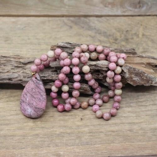 Natural Rhodonite Drop Pendants Knotted Handmade Necklaces,Pink Stone 8mm Round Beads Mala Yoga Women Jewelry Wholesales,QC0139