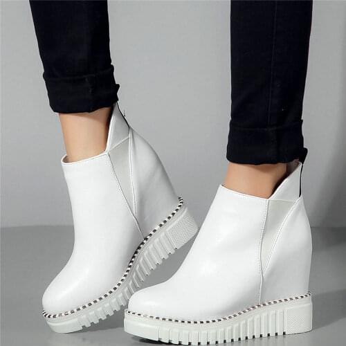 High Top Casual Shoes Women Genuine Leather Wedges High Heel Motorcycle Boots Female Round Toe Platform Oxfords Fashion Sneakers