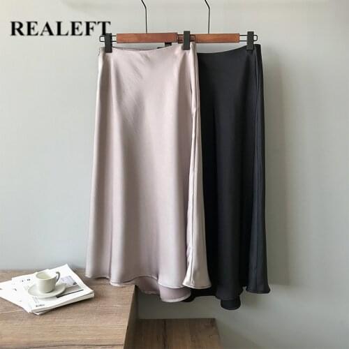 REALEFT 2021 New High Waist Vintage Skirt Summer Elegant Solid Color High Waist Office Ladies Midi Length Womens Skirts Female