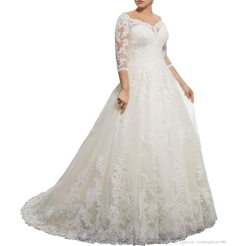 Luxury Lace Ball Gown Weding Dress V-neck sleeve with shoulders 7 points spring 2020 Sweep dress elegant Train Bridal Gowns With
