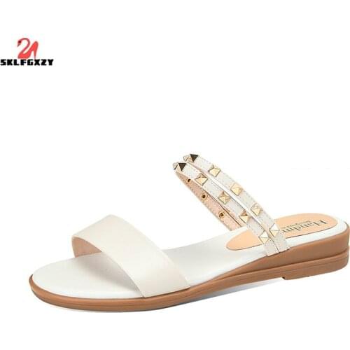 SKLFGXZY Summer New Arrival Women Sandals Fashion Genuine Leather Womens Shoes Outdoor The Rivet Cowhide Sandals Slippers