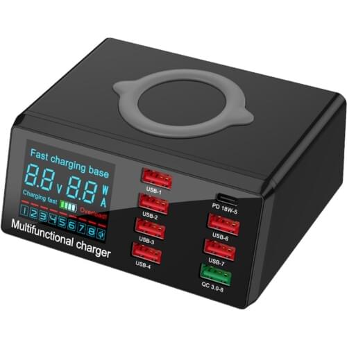 X9 100W 8 Port USB Charger Hub PD Quick Charge 3.0 Adapter LED Digital Display Desktop Charging Station Wireless Charger