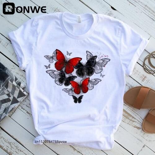 Women Red and Black Butterfly Fashion T Shirt Girl Harajuku Korean Style Graphic Tops Valentines Day Female T-shirt,Drop Ship