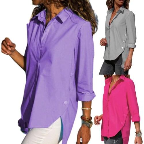 Women Casual Turn Down Collar High-low Hem Side Buttons Decor Plus Size Shirt suitable for travel daily Loose style plus size