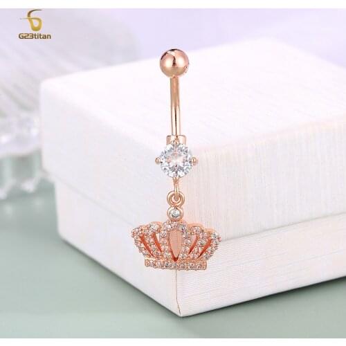 G23Titan Crystal Crown Pendant Belly Button Ring Womens Body Chain Beach Navel Piercing Bohemian Womens Jewelry