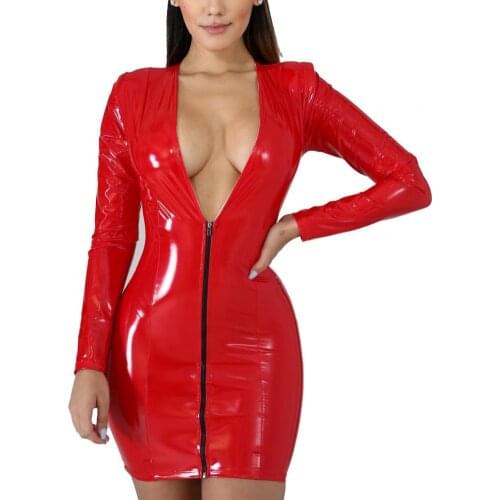2021 Women Sexy Short Dresses Deep V Neck Long Sleeve Short Length High Elasticity Look Latex Bodycon Faux Leather Mini Dress