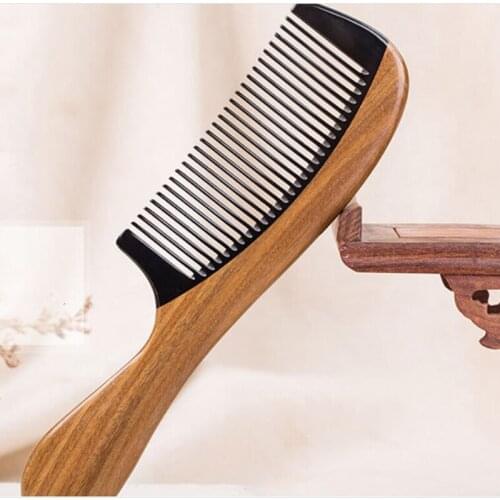 1Pcs Natural Green Sandalwood Ox Horn Wood Anti Static Hair Beard Comb Care Handle