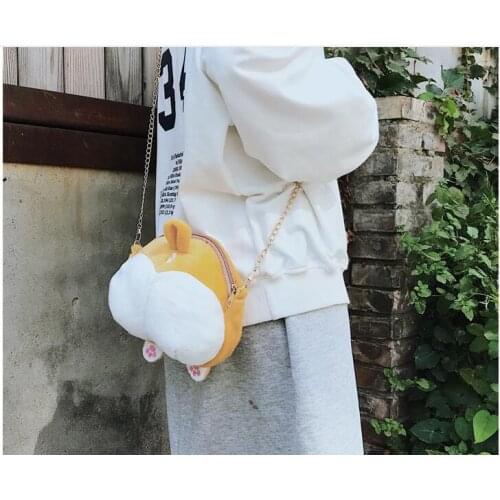 1 piece yellow Corgi dog Butt arse ass Tail soft Plush fur Handbag Crossbody storage Shoulder Bag Purse Master with gold chain