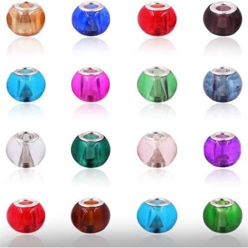 10Pcs 16mm Round Glass Beads with Silver Plated Big Hole Chain Spacer Bead Fit for Pandora Bracelet Women DIY Hair Bead Jewelry