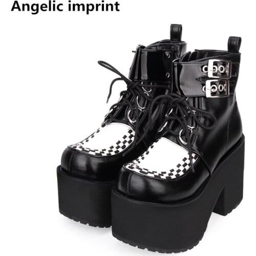 Angelic imprint mori girl Women motorcycle ankle punk boots lady lolita short Boots woman super high heels pumps wedges shoes 47