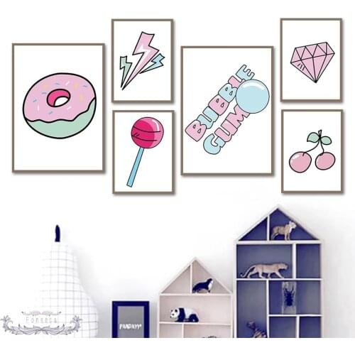 Cartoon Childishness Lollipop Moon Planet Princess Crown Canvas Painting Nordic Doughnut Lightning Poster Kids Room Decor
