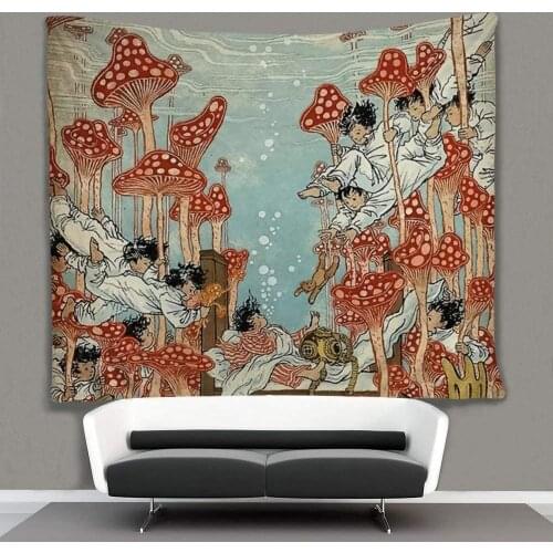 Hippie Art Cute Children and Red Mushroom in Water Tapestry Wall Hanging Indian Dorm Décor
