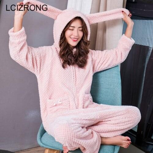 Spring Cute Rabbit Ear Pink Onesie Women Long Sleeve Hooded Pockets Pyjama Winter Warm Soft Home Clothes For Girls