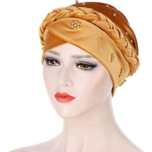 Muslim Turban Scarf For Women Islamic Inner Hijab Turban Cap Velour Multi Color Beads and Braid Head Scarf Chemo Cap Head Wrap