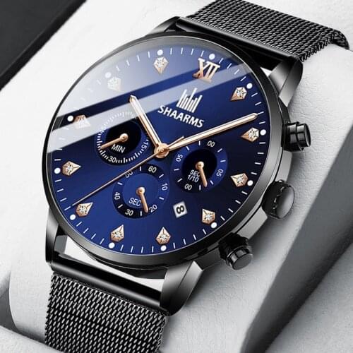 2020 Hot SHAARMS Fashion Mens Wristwatch Blue DialCasual Quartz Watch Stainless Steel Mesh Band Watch Date Clock Reloj Hombre