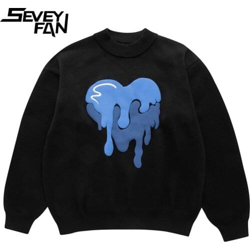 SEVEYFAN Mens Harajuku Foam Love Pattern Sweater Hi Street Printed O Neck Pullover Knitwear for Couples