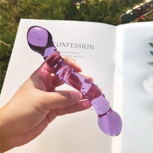 New Double Ended Crystal Purple Pyrex Glass Dildo, Artificial Penis Granule and Spiral G Spot Simulator Adult Sex Toys for Woman