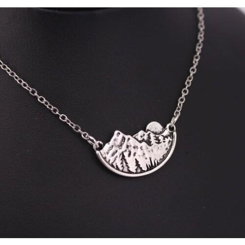 Adventure awaits mountain landscape pines pendant necklace mountain moon necklaces