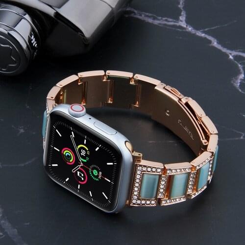 Luxury Metal Diamond Bracelet for Apple Watch Band 44mm 42mm iwatch SE 6 5 4 38mm 40mm Stainless Steel Loop Emerald Jade strap