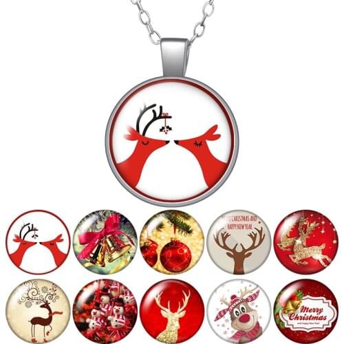 Christmas reindeer Bells Round Pendant Necklace 25mm Glass Cabochon Women Girl Jewelry Party Birthday Gift 50cm