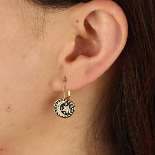 2021 Gold filled white rainbow cz paved moon star coin drop earring Engraved star signet women wedding gorgeous classic jewelry