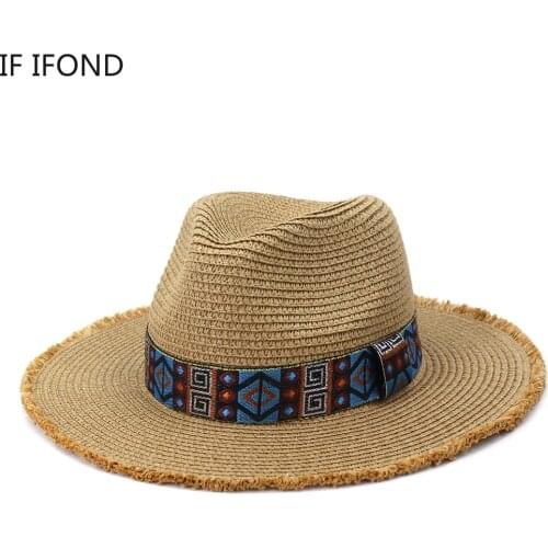 New Summer Sun Straw Hat Ethnic Decoration Women Big Wide Brim Sun Protection Adjustable Floppy Sea Beach Hats