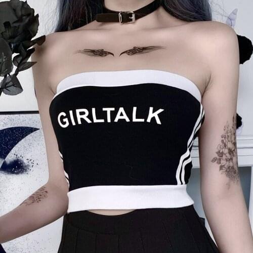 Gothic Letter Print Tube Tops Summer Punk Style Sleeveless Strapless Crop Top Harajuku Sexy Patchwork Black Tops
