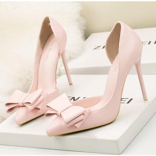 2021 Fashion Delicate Sweet Bowknot High Heel Shoes Side Hollow Pointed Women Pumps Pointed Toe 10.5CM thin Dress Shoes