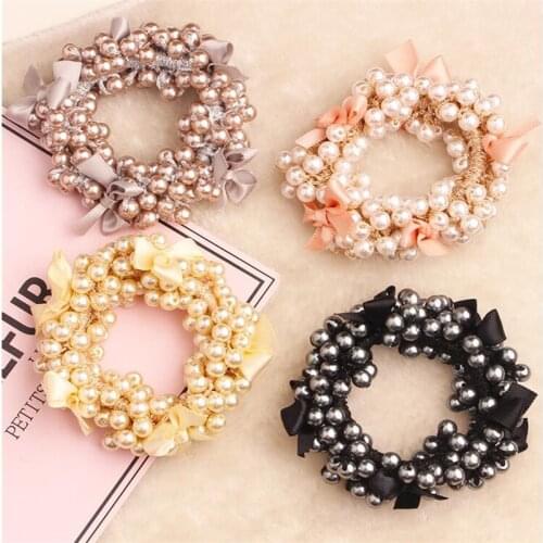Girls Gum for Hair Bowknot Ribbon Beads Pearl Hair Bands Ponytail Rubber Rope Women Elastic Hair Bands Female Hair Accessories