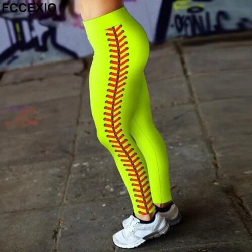 FCCEXIO Softball 3D Print Womens Pants Push Up Running Sports Leggings Slim Pants Female Casual Trousers Fitness Leggings