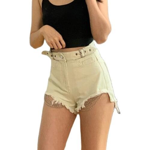 Womens Sexy Retro Wash Hollow Out High Waist Chain Jeans Denim Shorts Hot Pants Fashion