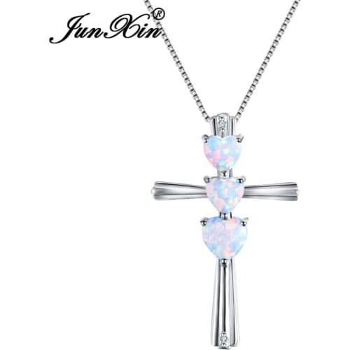 JUNXIN Women Classic Cross Pendants White/Blue Fire Opal Heart Necklaces Silver Color Chocker For Women Wedding Jewelry