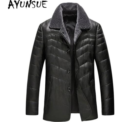 AYUNSUE New Winter Genuine Leather Jacket for Men Sheepskin Down Jacket Real Wool Collar Black Coat Man Jaqueta Couro KJ567