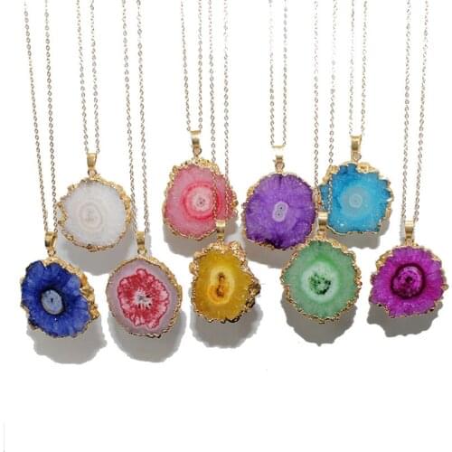 Natural Sun Flower Druzy Necklace Irregular Shape with Gold Plating Pendant Natural Crystal Charms Mixed Color Design