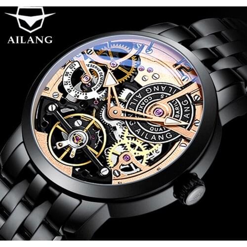 AILANG Fully Automatic Mechanical Watch Hollow Black Tourbillon Business Mens Watch Luxury Genuine Luminous Waterproof 8611