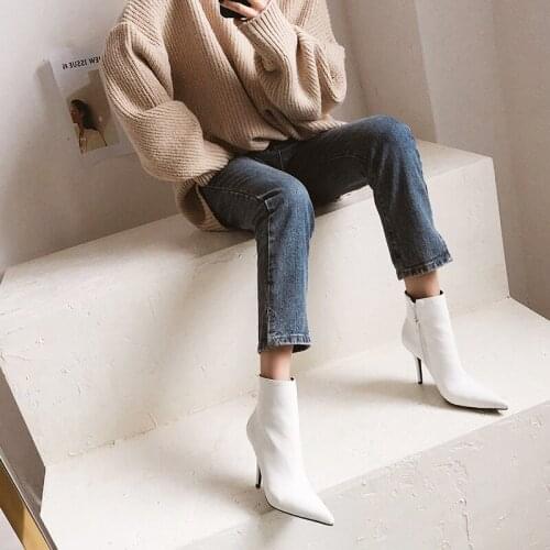 Black and White Pointed Toe Stiletto High-heeled Ankle Boots Leather 6CM/8CM All-match Formal Dress Boots Size 33-42