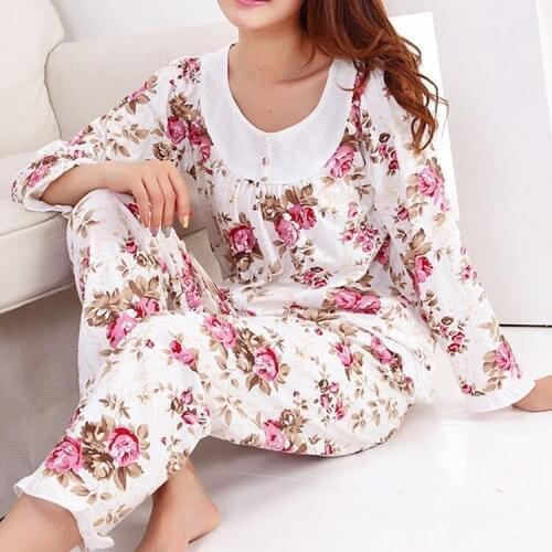 Women Cotton Pajamas Set Sleepwear Flower Nightwear Lounge Home Wear New