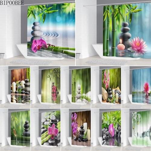 Zen Bamboo Printed Bathroom Shower Curtain Mildew Durable Bath Curtains Lake Green Plants Fabric Bathtub Screen Home Decor